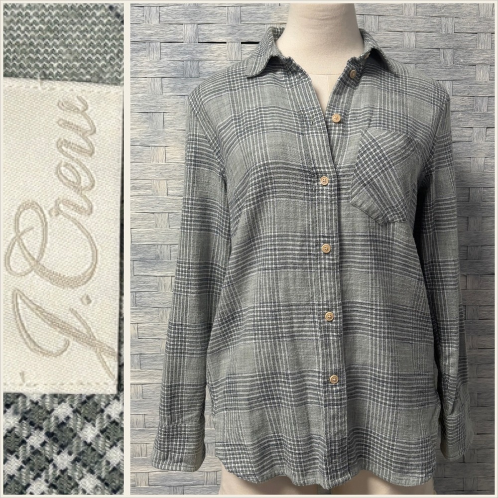 J Crew Classic Plaid Button Down Shirt Women Size 2 Green‎ White Grey Cotton
